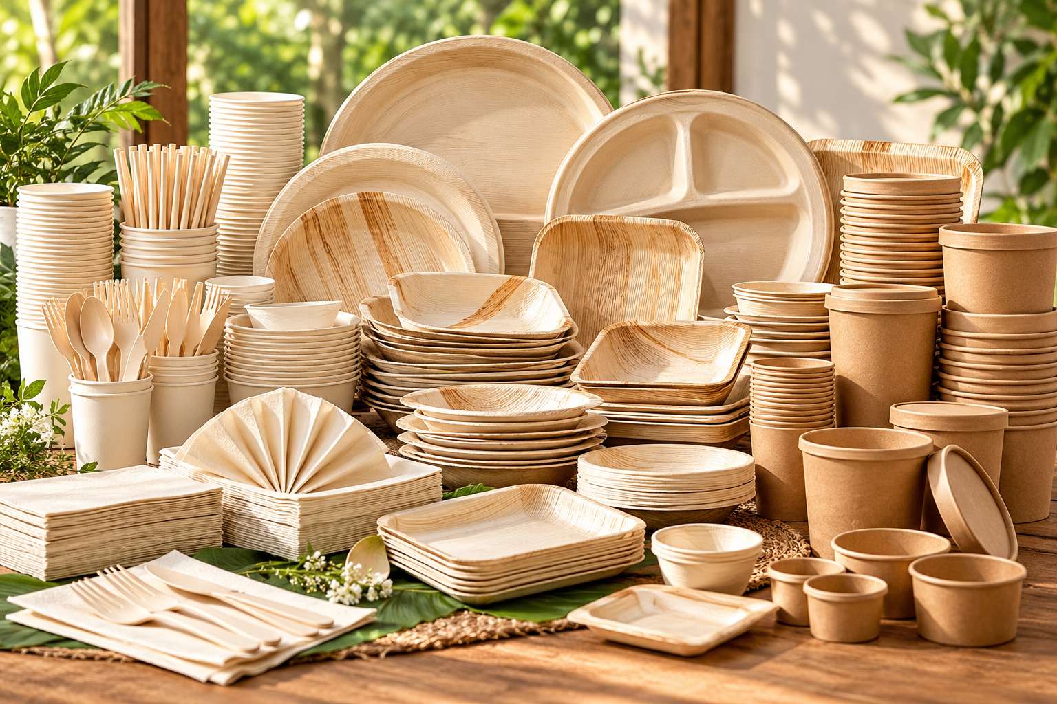 Eco-friendly disposable plates, cups, bowls and wooden cutlery arranged on a wooden table