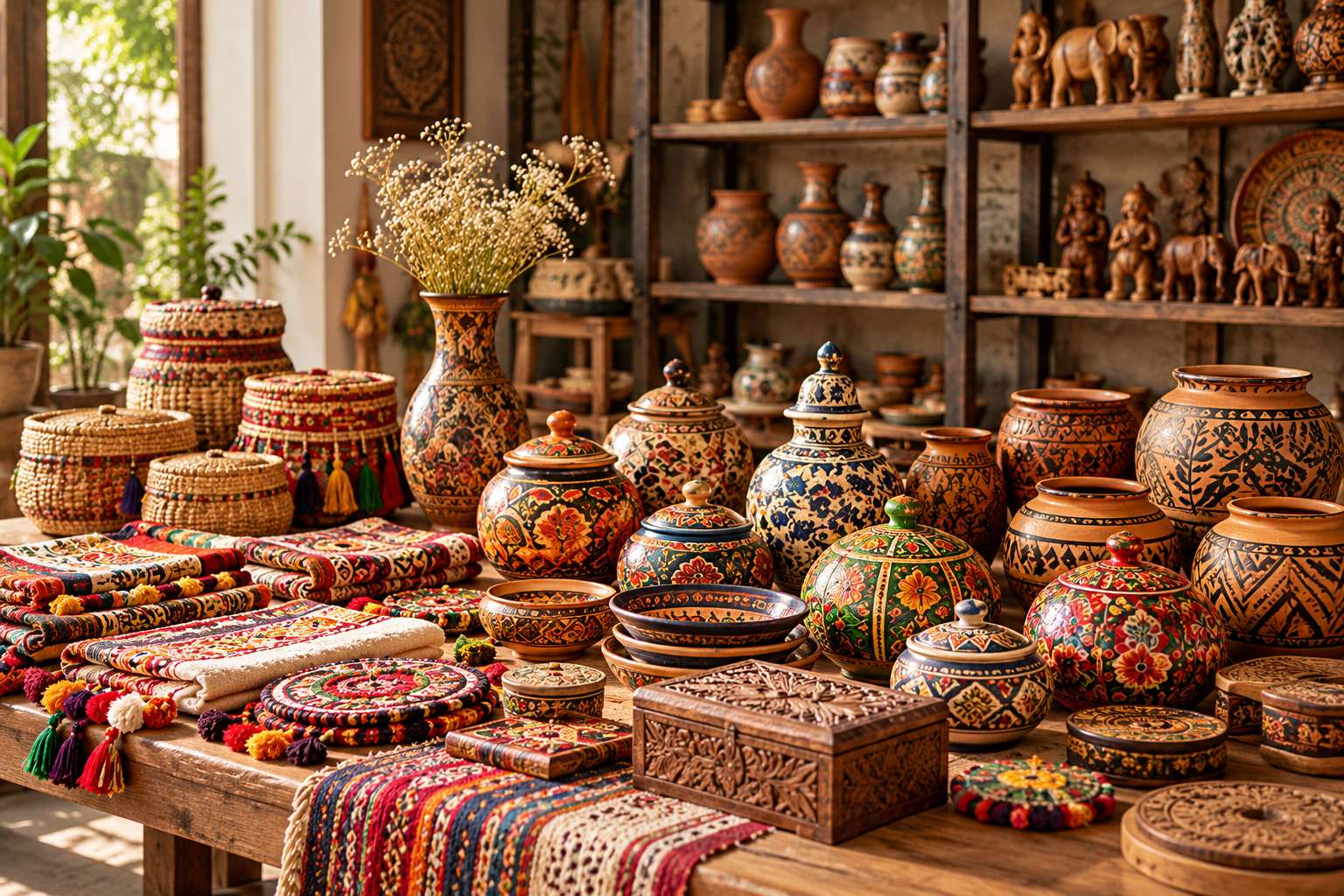 Hand-painted terracotta jars, woven baskets, textiles and carved wooden boxes arranged on a wooden display table