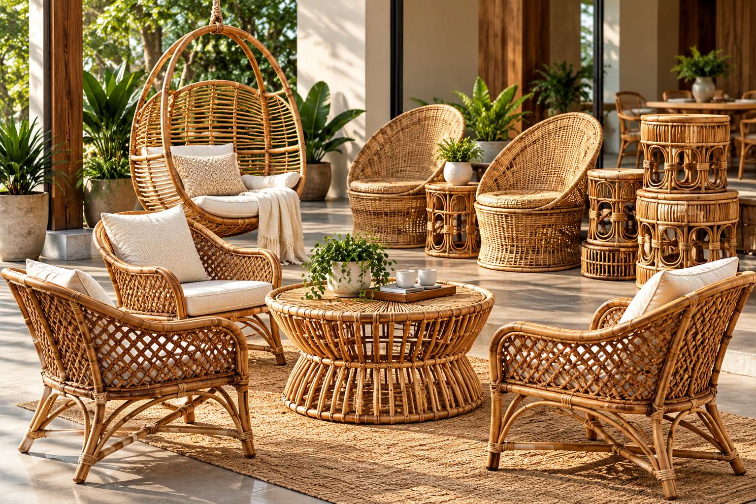 Bamboo and rattan lounge furniture with cushions arranged on a covered terrace