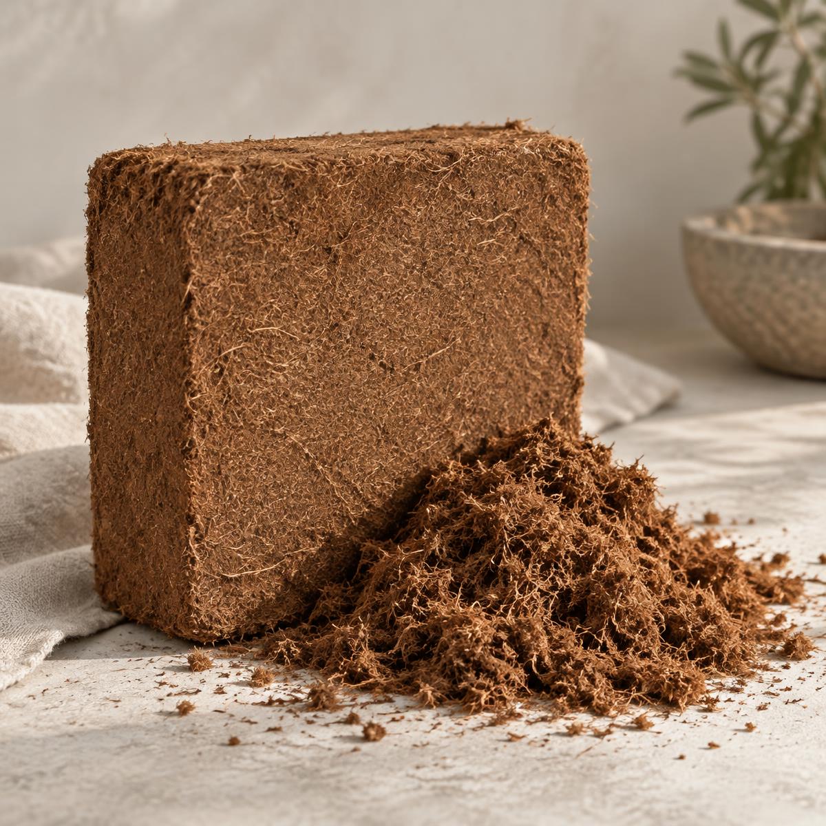 Compressed coco peat block with loose coir fibre beside it