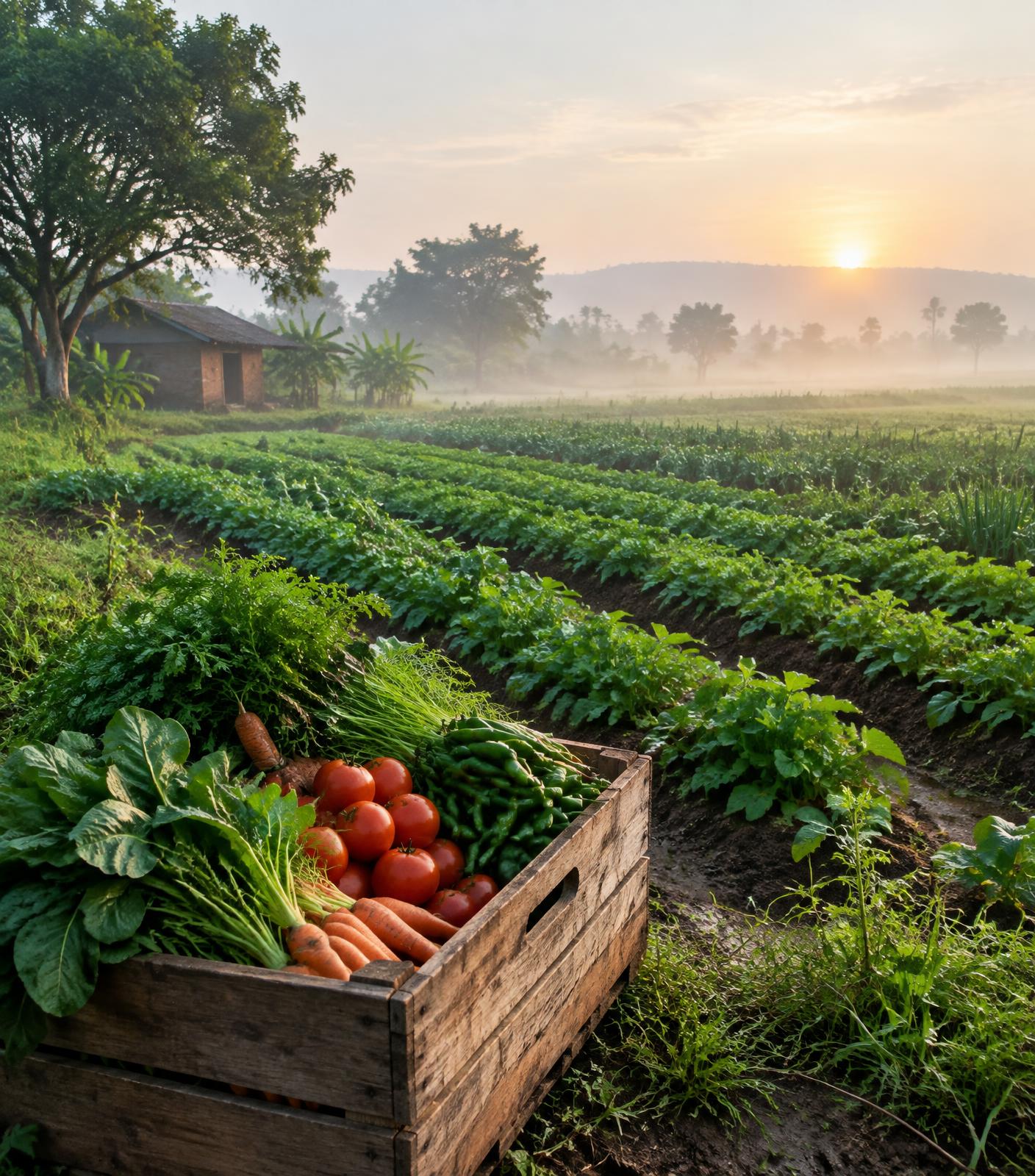 Indian farmland at sunrise with a crate of fresh harvest