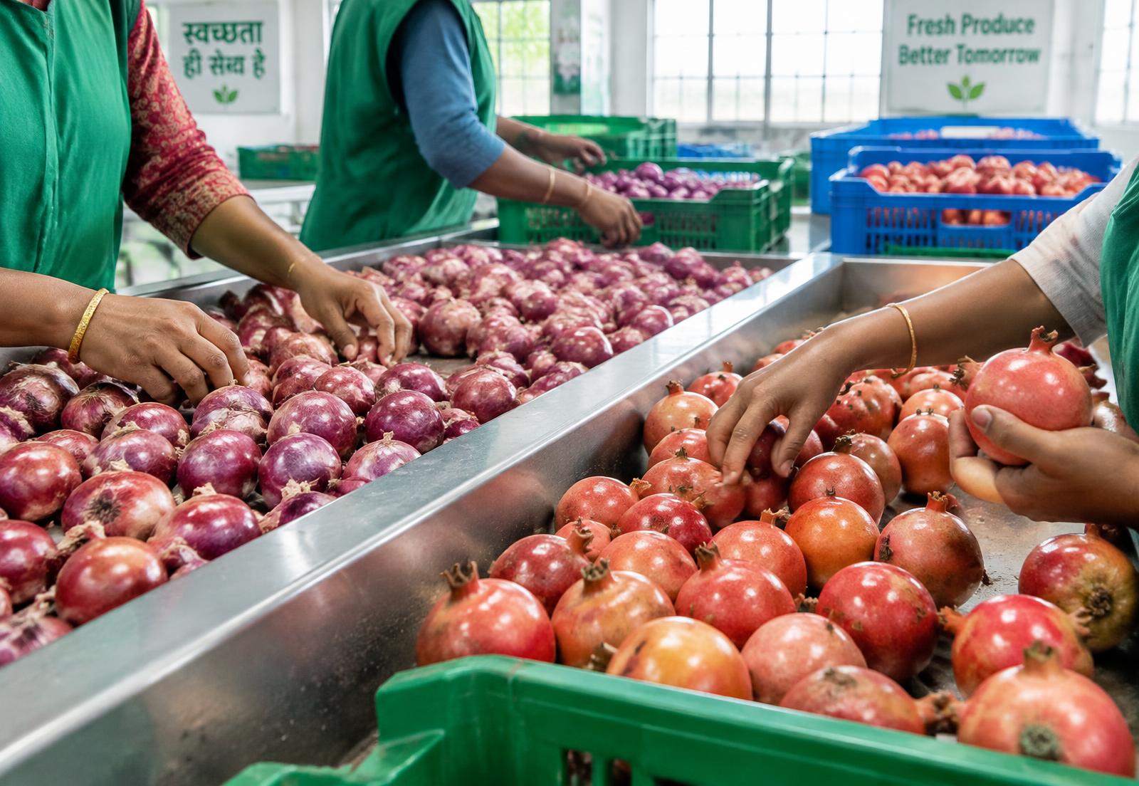 Produce being hand-graded on a packhouse sorting line