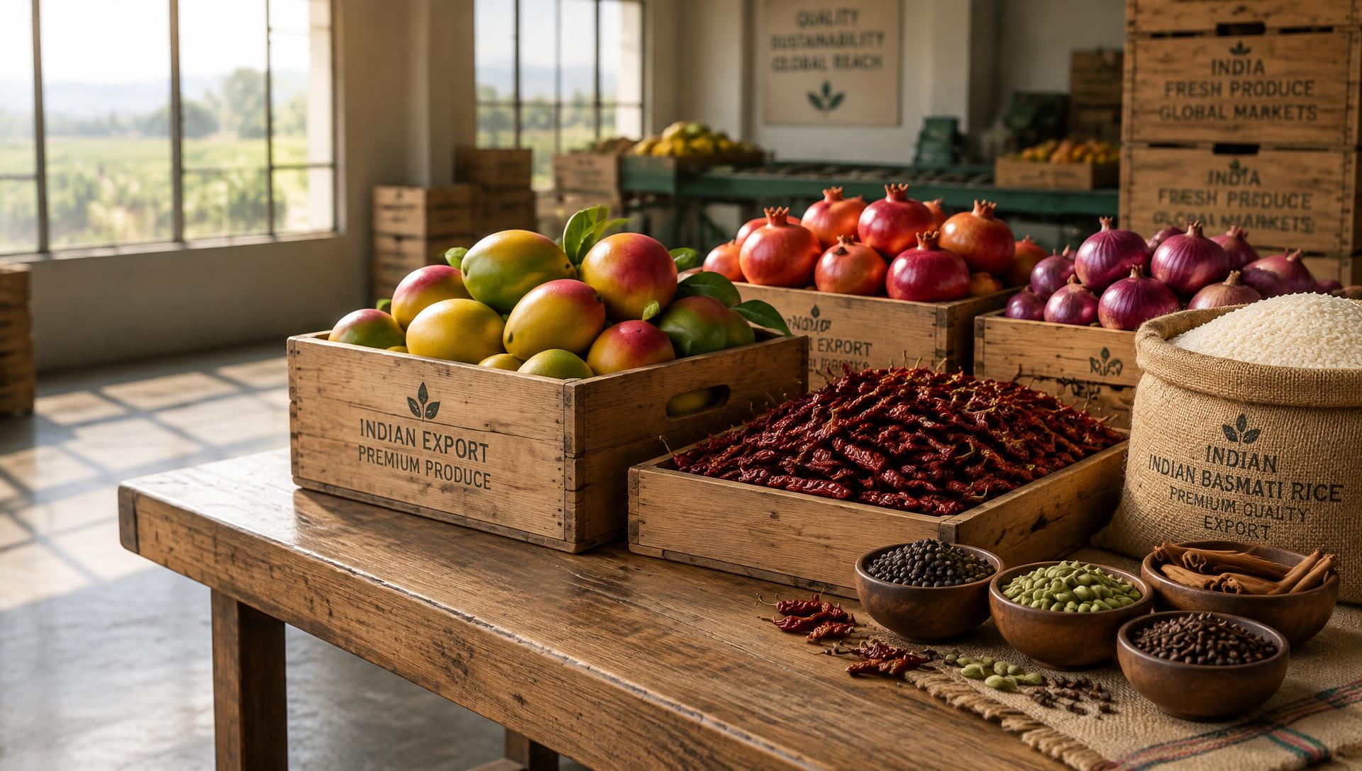 Indian export produce — mangoes, pomegranates, onions, red chillies, rice and spices — on a grading table