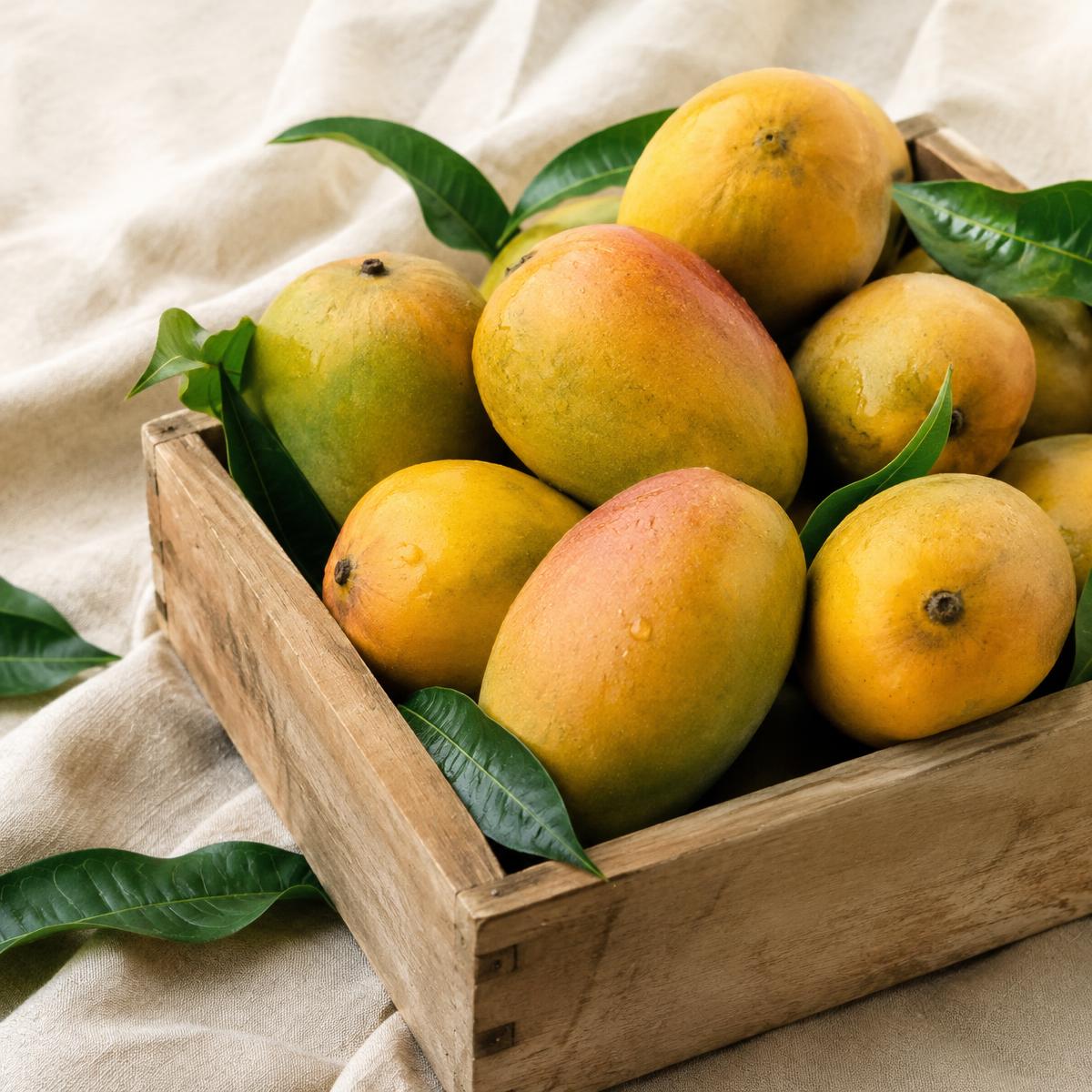Ripe Indian mangoes in a wooden crate