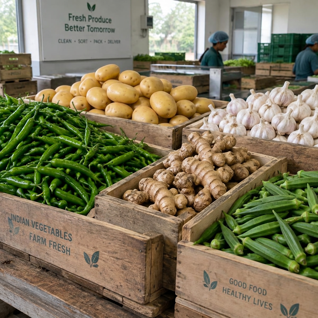 Fresh Indian vegetables in wooden crates